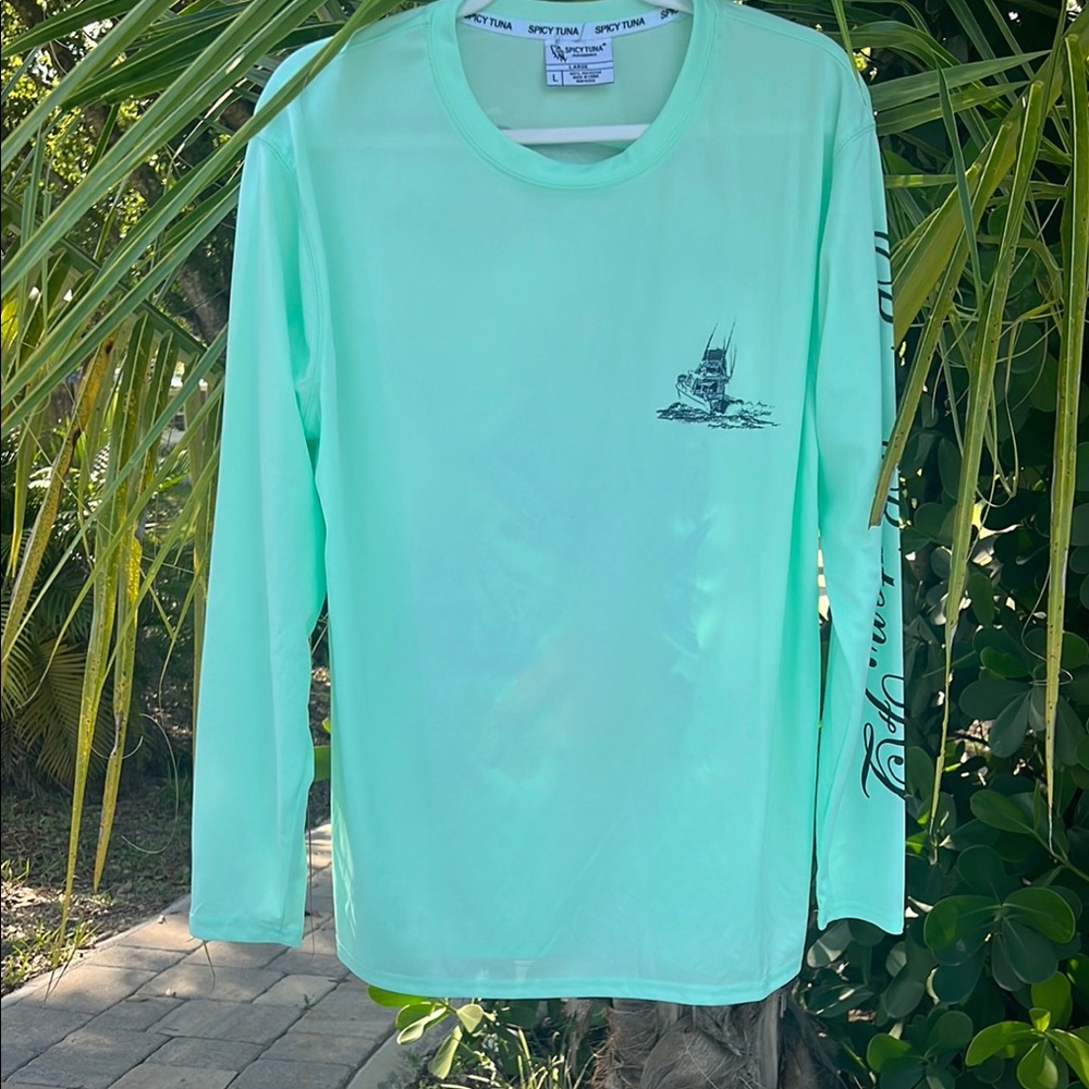Spicy Tuna Boca Raton, FL Seafoam Long Sleeve Boat fishing shirt LARGE swim